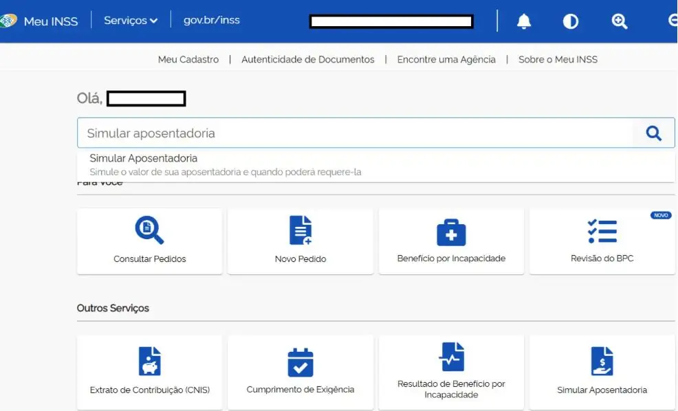 Tela do Meu INSS com a busca Simular aposentadoria e os serviços Extrato de Contribuição (CNIS) e Simular Aposentadoria
